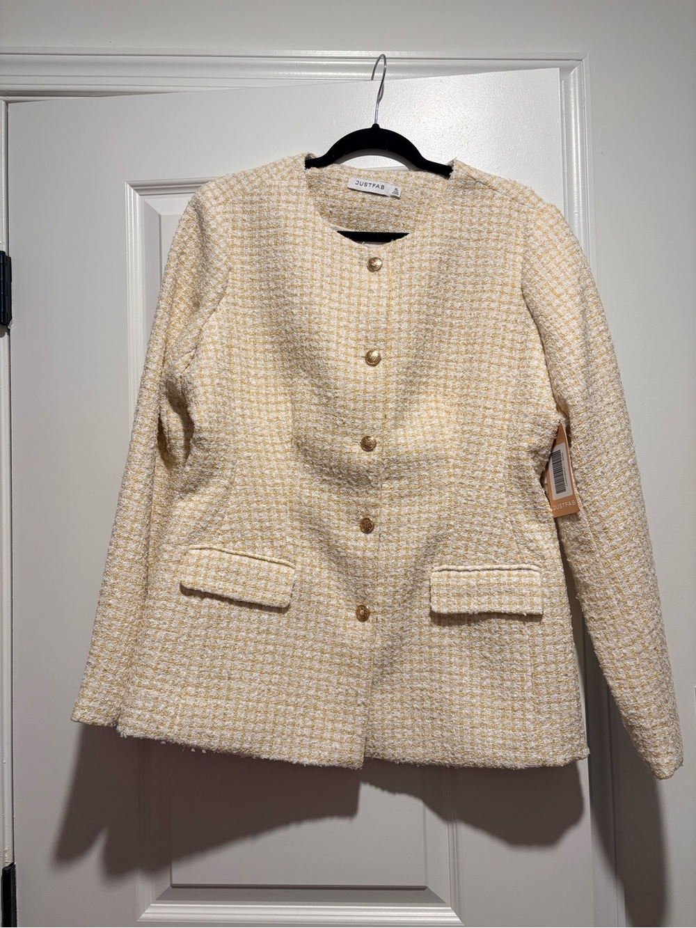 JustFab Cream and Light Yellow Tweed Button-Front Blazer and Skirt